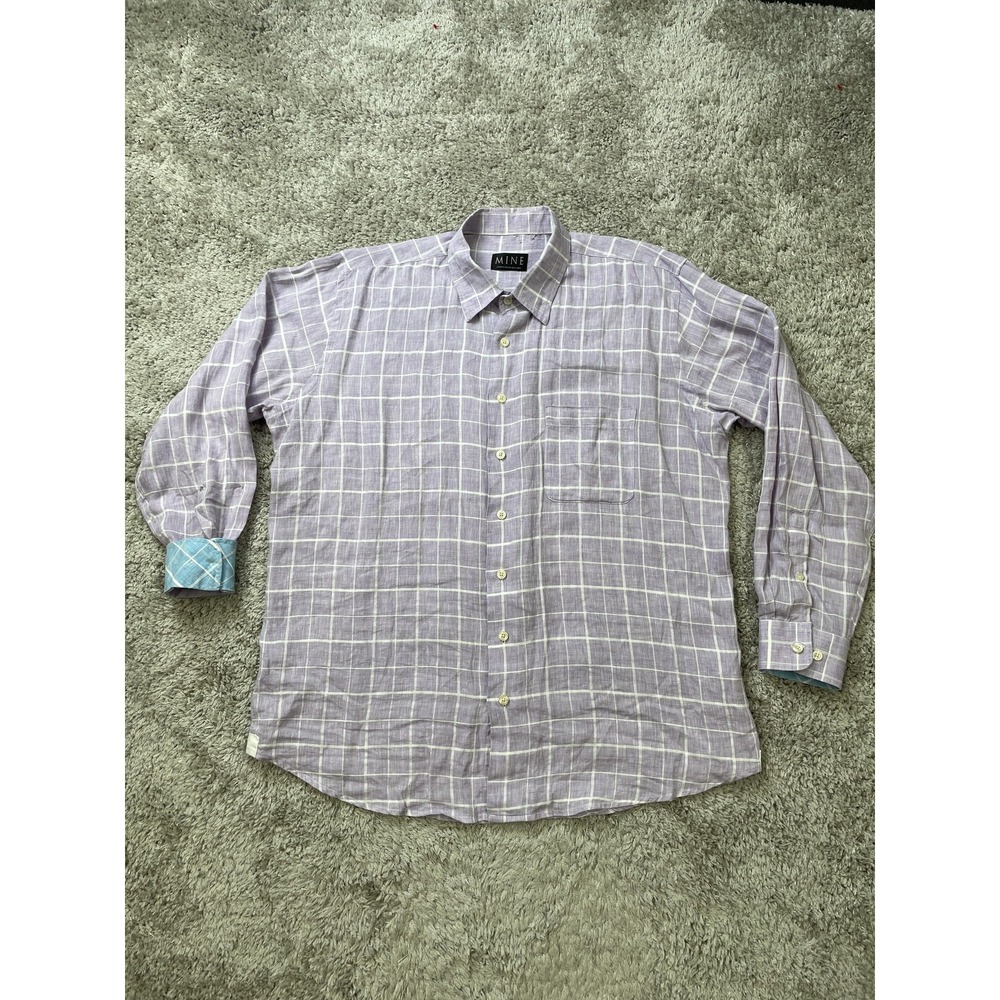 Mine Shirt Mens XL Purple White Checkered Linen Long Sleeve Button Up Casual
